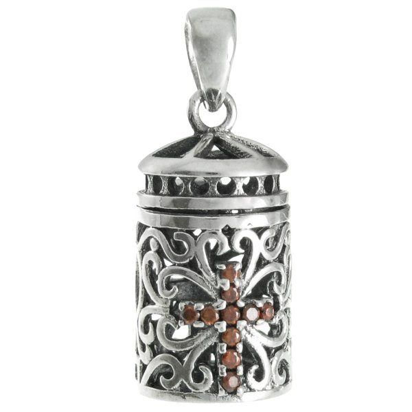 925 Sterling Silver Christian Cross Red CZ Crystal Dangle Locket Box Charm Pendant