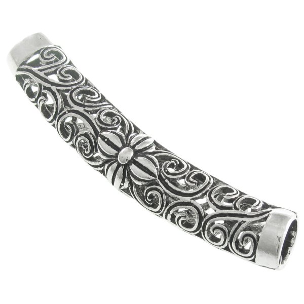 Antique 925 Sterling Silver Bali Flower Leaf Curved Tube Spacer Bead Slide Pendant
