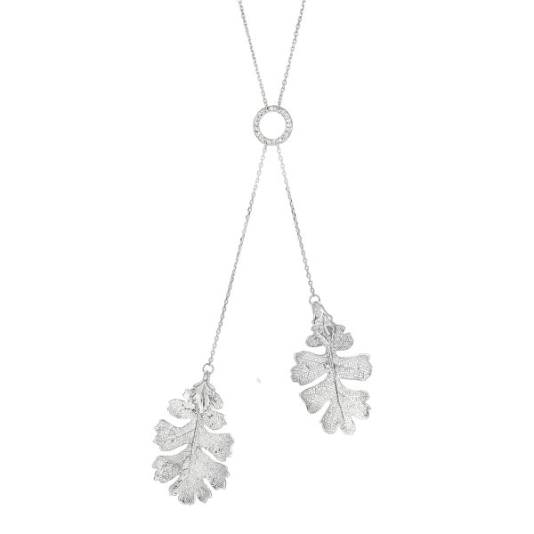 1x Handcrafted Sterling Silver Double Genuine Oak Leaf Vein Pattern Dangle Pendant Charm Link Chain Necklace 18" + 2" Extender