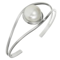 925 Sterling Silver Screw-on Pin Pearl Cup Adjustable Cuff Bracelet Wristband Bangle
