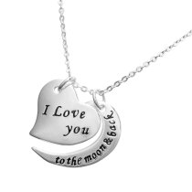 925 Sterling Silver "I Love You to the Moon & Back" Heart Dangle Charm Pendant Rolo Chain Necklace 16"+2" Extender