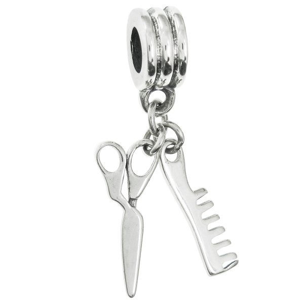 Antique 925 Sterling Silver Hair Stylist Scissors Comb Dangle Bead for European Charm Bracelets