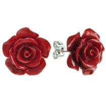 2x Sterling Silver Simulated Red Coral Rose Earring Stud Post 15mm