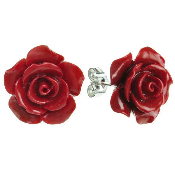 2x Sterling Silver Simulated Red Coral Rose Earring Stud Post 15mm