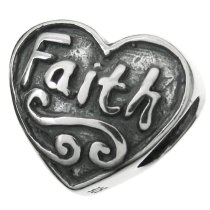 1x Antiqued 925 Sterling Silver Love Heart Faith Charm Bead for European Charm Bracelet