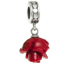 1x Antique Sterling Silver Simulated Red Coral Rose Dangle Bead for European Charm Bracelets