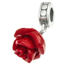 1x Antique Sterling Silver Simulated Red Coral Rose Dangle Bead for European Charm Bracelets
