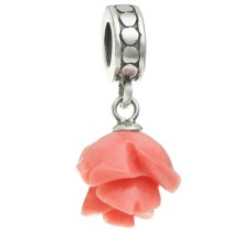 1x Antique Sterling Silver Simulated Pink Coral Leaf Dangle Bead for European Charm Bracelets
