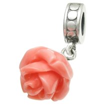 1x Antique Sterling Silver Simulated Pink Coral Leaf Dangle Bead for European Charm Bracelets