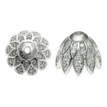 2x Rhodium on 925 Sterling Silver Angel Feather Leaf Clear CZ Crystal Pearl Bead Cover Cap 11mm
