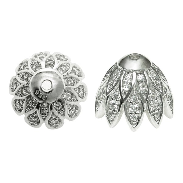 2x Rhodium on 925 Sterling Silver Angel Feather Leaf Clear CZ Crystal Pearl Bead Cover Cap 11mm