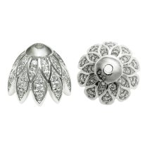 2x Rhodium on 925 Sterling Silver Angel Feather Leaf Clear CZ Crystal Pearl Bead Cover Cap 11mm