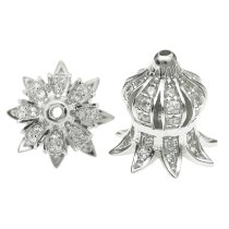 2x Rhodium on 925 Sterling Silver Flower Bud Floral Clear CZ Crystal Pearl Bead Cover Cap 11mm