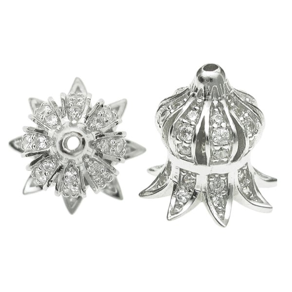 2x Rhodium on 925 Sterling Silver Flower Bud Floral Clear CZ Crystal Pearl Bead Cover Cap 11mm