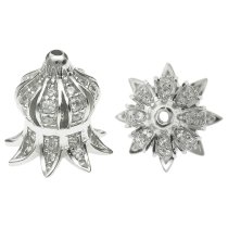 2x Rhodium on 925 Sterling Silver Flower Bud Floral Clear CZ Crystal Pearl Bead Cover Cap 11mm