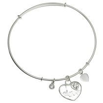 925 Sterling Silver Love Heart Dangle Charm Clear CZ Crystal Adjustable Cuff Bracelet Wristband Bangle