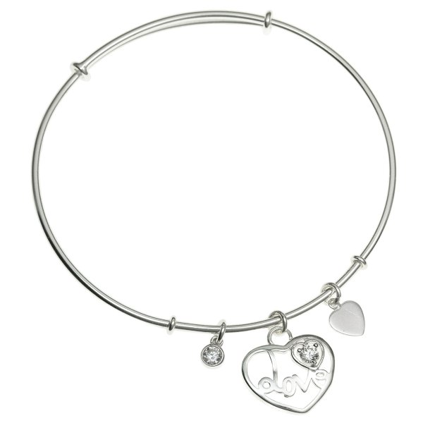 925 Sterling Silver Love Heart Dangle Charm Clear CZ Crystal Adjustable Cuff Bracelet Wristband Bangle