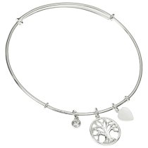 925 Sterling Silver Round Family Tree Dangle Charm Clear CZ Crystal Adjustable Cuff Bracelet Wristband Bangle