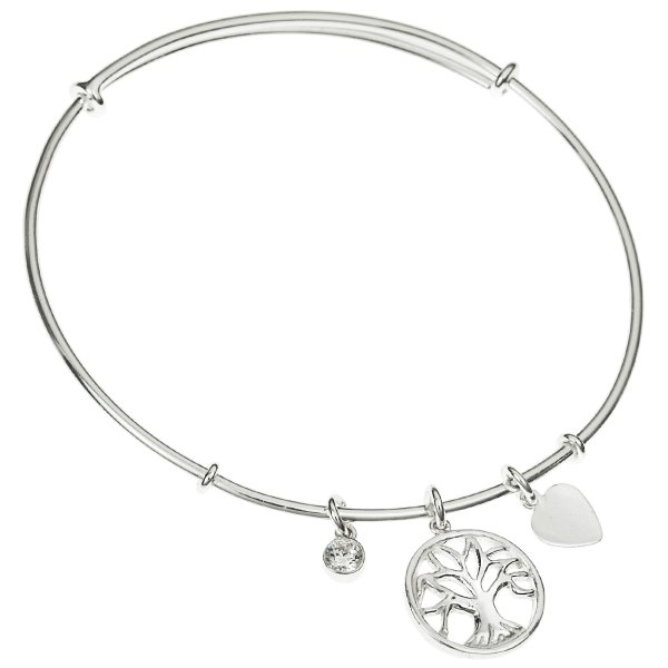 925 Sterling Silver Round Family Tree Dangle Charm Clear CZ Crystal Adjustable Cuff Bracelet Wristband Bangle