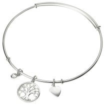925 Sterling Silver Round Family Tree Dangle Charm Clear CZ Crystal Adjustable Cuff Bracelet Wristband Bangle