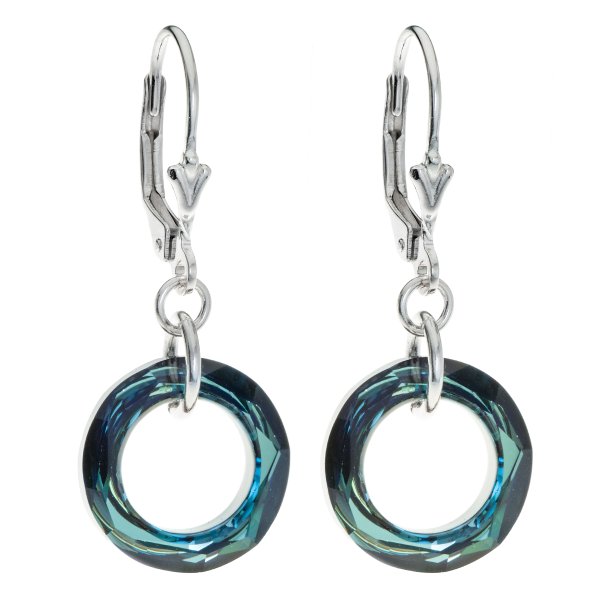 2x Sterling Silver Round Bermuda Blue Crystals Leverback Dangle Earrings Using Swarovski Elements Crystal