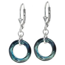 2x Sterling Silver Round Bermuda Blue Crystals Leverback Dangle Earrings Using Swarovski Elements Crystal