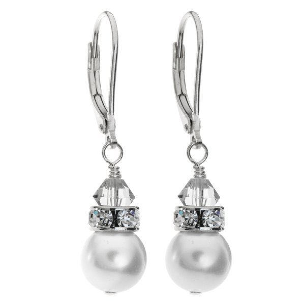 2x Stering Silver White Crystal-pearl Leverback Earrings Using Swarovski Elements Crystal and Crystal Pearl