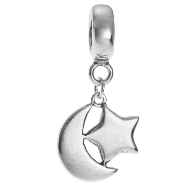 1x Antique Sterling Silver Moon and Star Dangle Bead for European Charm Bracelets
