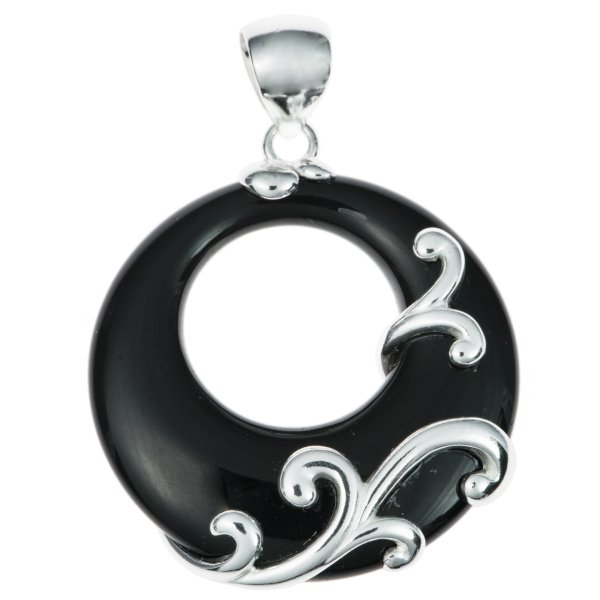 1x 925 Sterling Silver Filigree Flower Round Black Onyx Charm Pendant 35mm
