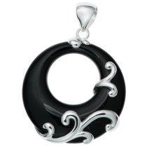 1x 925 Sterling Silver Filigree Flower Round Black Onyx Charm Pendant 35mm
