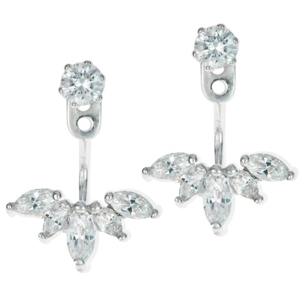 2x Rhodium on 925 Sterling Silver Clear CZ Crystal 2 in 1 Stud and Jacket Ear Cuff Earrings