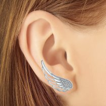 1x Rhodium on 925 Sterling Silver Angel Wing Feather Clear CZ Crystal French Hook Earwire Ear Cuff Wrap for Right Ear