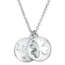925 Sterling Silver Four Leaf Lucky Clover Clear CZ Crystal Round Dangle Charm Pendant Rolo Chain Necklace 16″+1″ Extender
