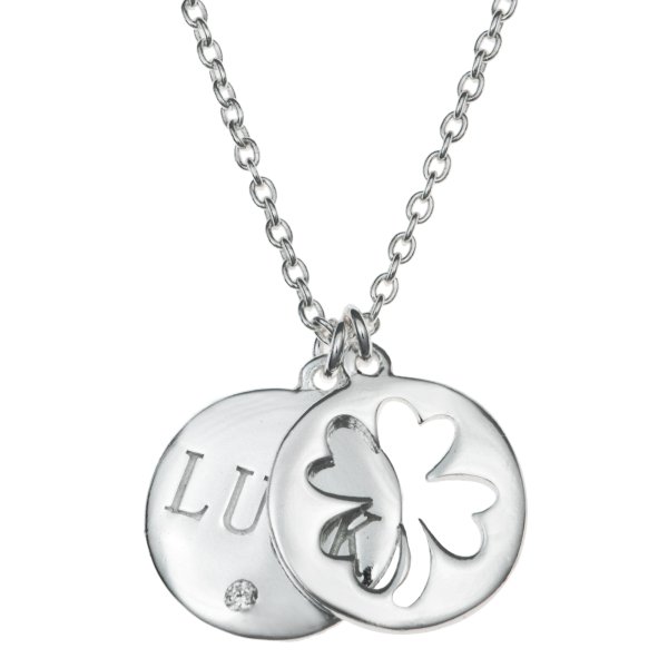 925 Sterling Silver Four Leaf Lucky Clover Clear CZ Crystal Round Dangle Charm Pendant Rolo Chain Necklace 16"+1" Extender
