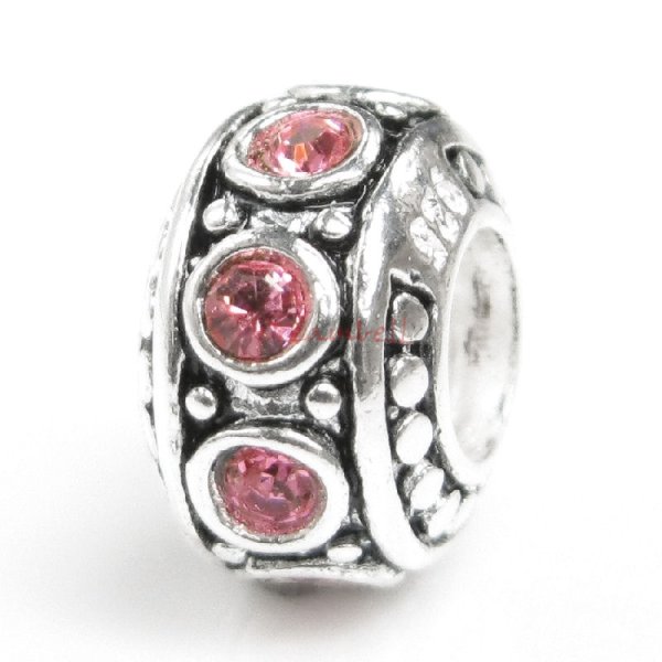Sterling Silver Pink Rose CZ Bead for European Charm Bracelet 11mm Birthstone October