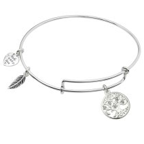 925 Sterling Silver Clear Rhinestone Round Family Tree Dangle Heart Leaf Charm Adjustable Wire Bangle Bracelet
