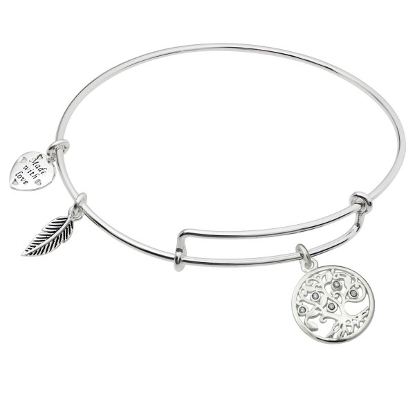 925 Sterling Silver Clear Rhinestone Round Family Tree Dangle Heart Leaf Charm Adjustable Wire Bangle Bracelet