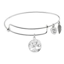 925 Sterling Silver Clear Rhinestone Round Family Tree Dangle Heart Leaf Charm Adjustable Wire Bangle Bracelet