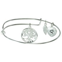 925 Sterling Silver Clear Rhinestone Round Family Tree Dangle Heart Leaf Charm Adjustable Wire Bangle Bracelet