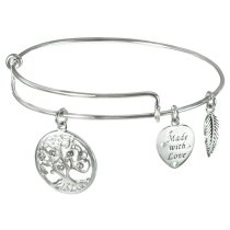 925 Sterling Silver Clear Rhinestone Round Family Tree Dangle Heart Leaf Charm Adjustable Wire Bangle Bracelet