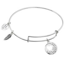 925 Sterling Silver Round I Love You to the Moon & Back Heart Leaf Dangle Charm Adjustable Wire Bangle Bracelet