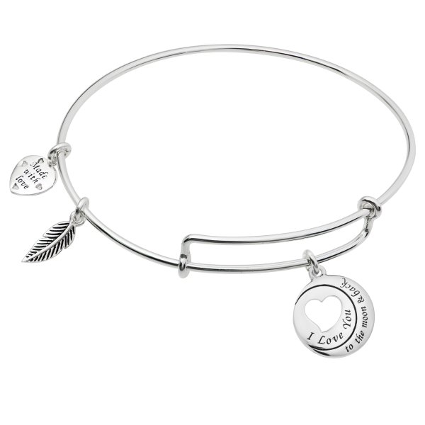 925 Sterling Silver Round I Love You to the Moon & Back Heart Leaf Dangle Charm Adjustable Wire Bangle Bracelet