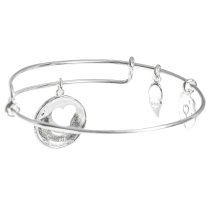 925 Sterling Silver Round I Love You to the Moon & Back Heart Leaf Dangle Charm Adjustable Wire Bangle Bracelet
