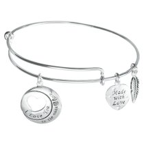 925 Sterling Silver Round I Love You to the Moon & Back Heart Leaf Dangle Charm Adjustable Wire Bangle Bracelet