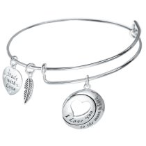 925 Sterling Silver Round I Love You to the Moon & Back Heart Leaf Dangle Charm Adjustable Wire Bangle Bracelet