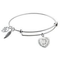 925 Sterling Silver Christian Cross with God All Things Are Possible Heart Leaf Dangle Charm Adjustable Wire Bangle Bracelet