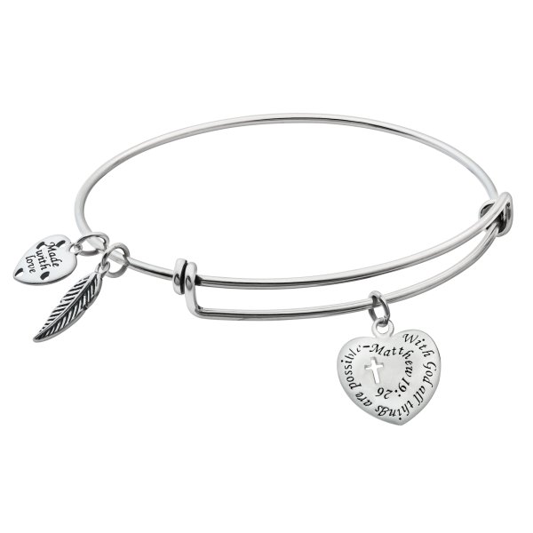 925 Sterling Silver Christian Cross with God All Things Are Possible Heart Leaf Dangle Charm Adjustable Wire Bangle Bracelet
