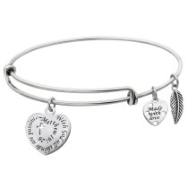 925 Sterling Silver Christian Cross with God All Things Are Possible Heart Leaf Dangle Charm Adjustable Wire Bangle Bracelet