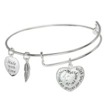 925 Sterling Silver Christian Cross with God All Things Are Possible Heart Leaf Dangle Charm Adjustable Wire Bangle Bracelet