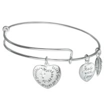 925 Sterling Silver Christian Cross with God All Things Are Possible Heart Leaf Dangle Charm Adjustable Wire Bangle Bracelet